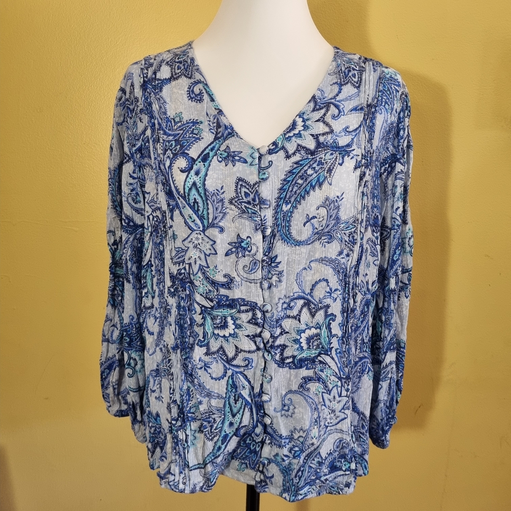 BUNULU Celia Blue Top Floral Paisley Bloomcore Career Office Women Shirt Size XL
